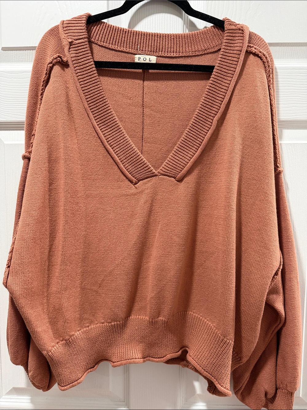 POL Relaxed V-Neck Sweater in Rusty Terracotta